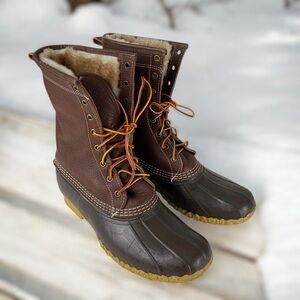 Men’s LL Bean Boots Size 9 Shearling Brown Leather Waterproof Rubber Snow Duck